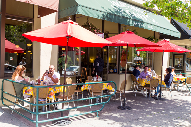 A view of the outdoor patio at Walnut Avenue Cafe in downtown Santa Cruz. 