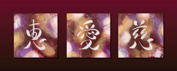 Haruko DeArth's canvases from left "Grace", "Love" and "Compassion."