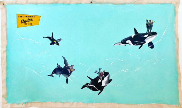 Painting of "Orcas and their Snorkel Fascinators" by Leslie Morgan