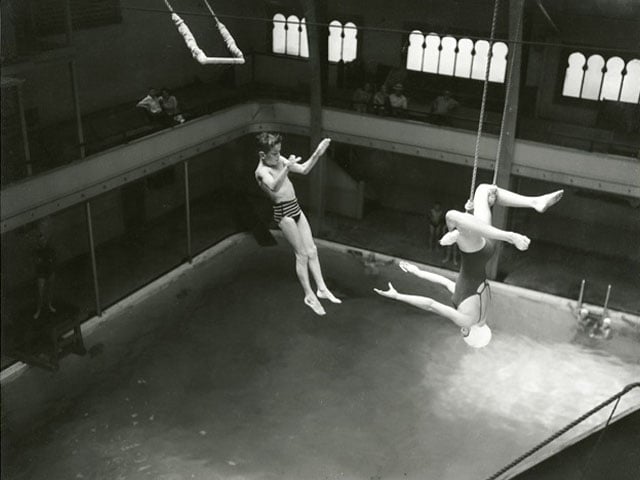 SC Boardwalk black and white image in 1941 of Fred Quadros & Shirley Wightman on the Trapeze