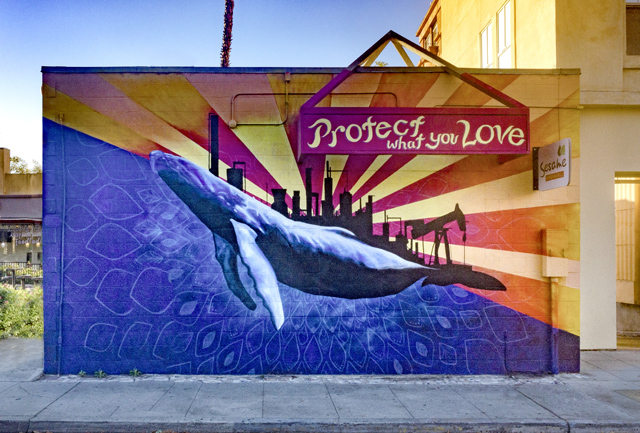 Sea Walls Mural by Abi Mustapha located in Downtown Santa Cruz. Mural features a whale and says, Protect What you Love.