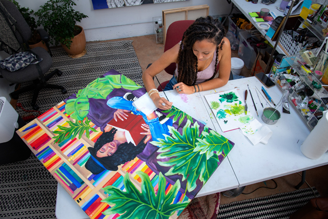 Portrait of Abi Mustapha in her studio. Santa Cruz artist Abi Mustapha continuously works toward racial equity and social justice. In 2020 she played a key role in bringing Santa Cruz’s Black Lives Matter mural to fruition.