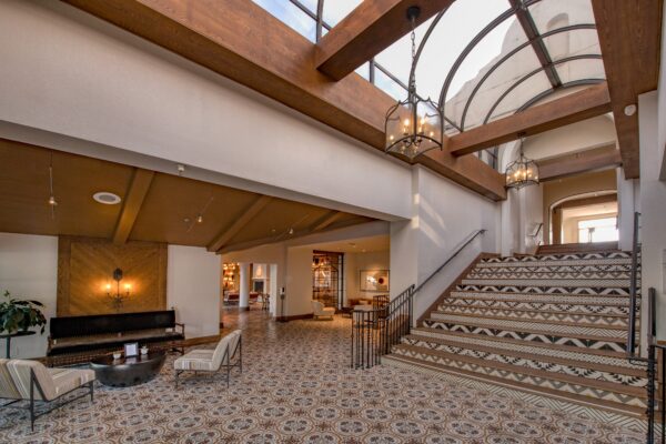 The Chaminade Spanish style lobby with brown wooden accents.