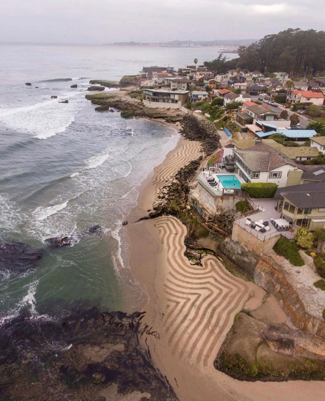 Best of 2021: This Photo is one of the top posts for 2021 on the Visit Santa Cruz County Social Media Channels. This photo is an aerial shot of sand art by @brighton.aerial.