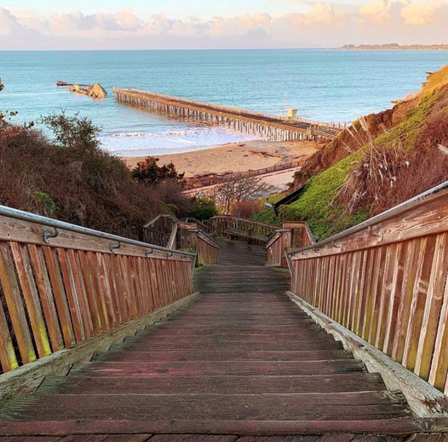 Best of 2021: This Photo is one of the top posts for 2021 on the Visit Santa Cruz County Social Media Channels. This photo of the Seacliff State Beach stairs overlooking the ocean and the Cement Ship / SS Palo Alto. Photo by Kathleen Fitz.