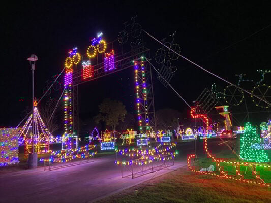 Christmas lights, sleighs, Christmas trees covered in colorful lights at the Santa Cruz County Fairgrounds