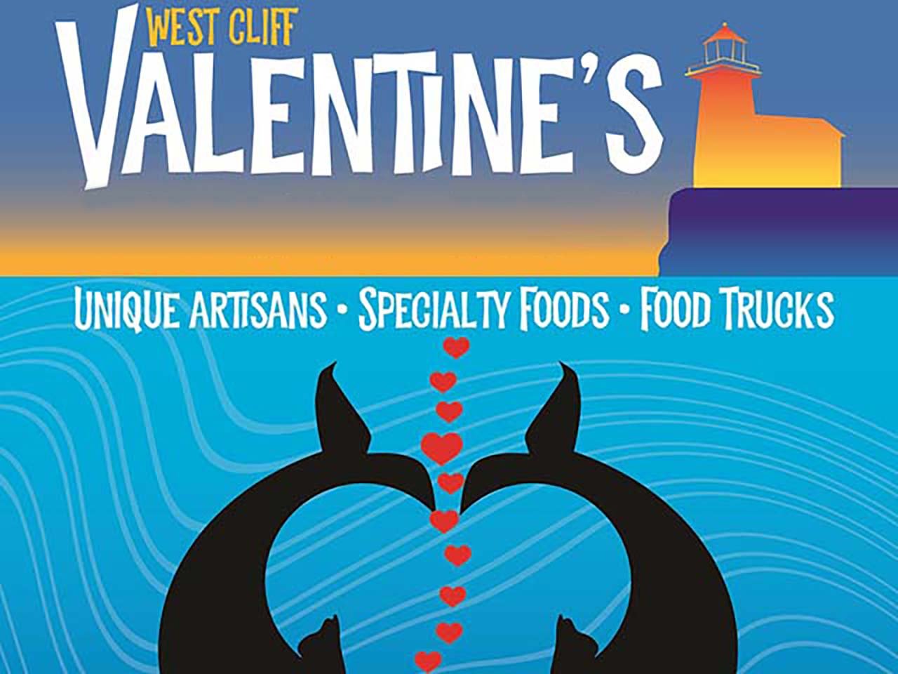 Cartoon whales under the water with the lighthouse above them and hearts between them