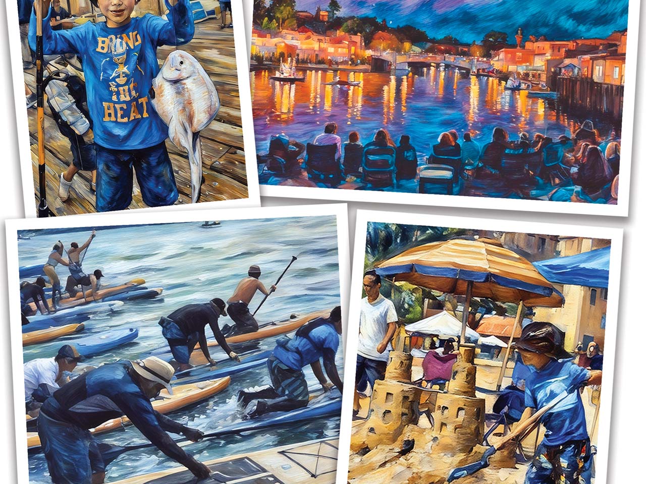 Images of a kid holding up a fish, a kid making a sandcastle, paddleboard racers and evening lighted boats on the water.