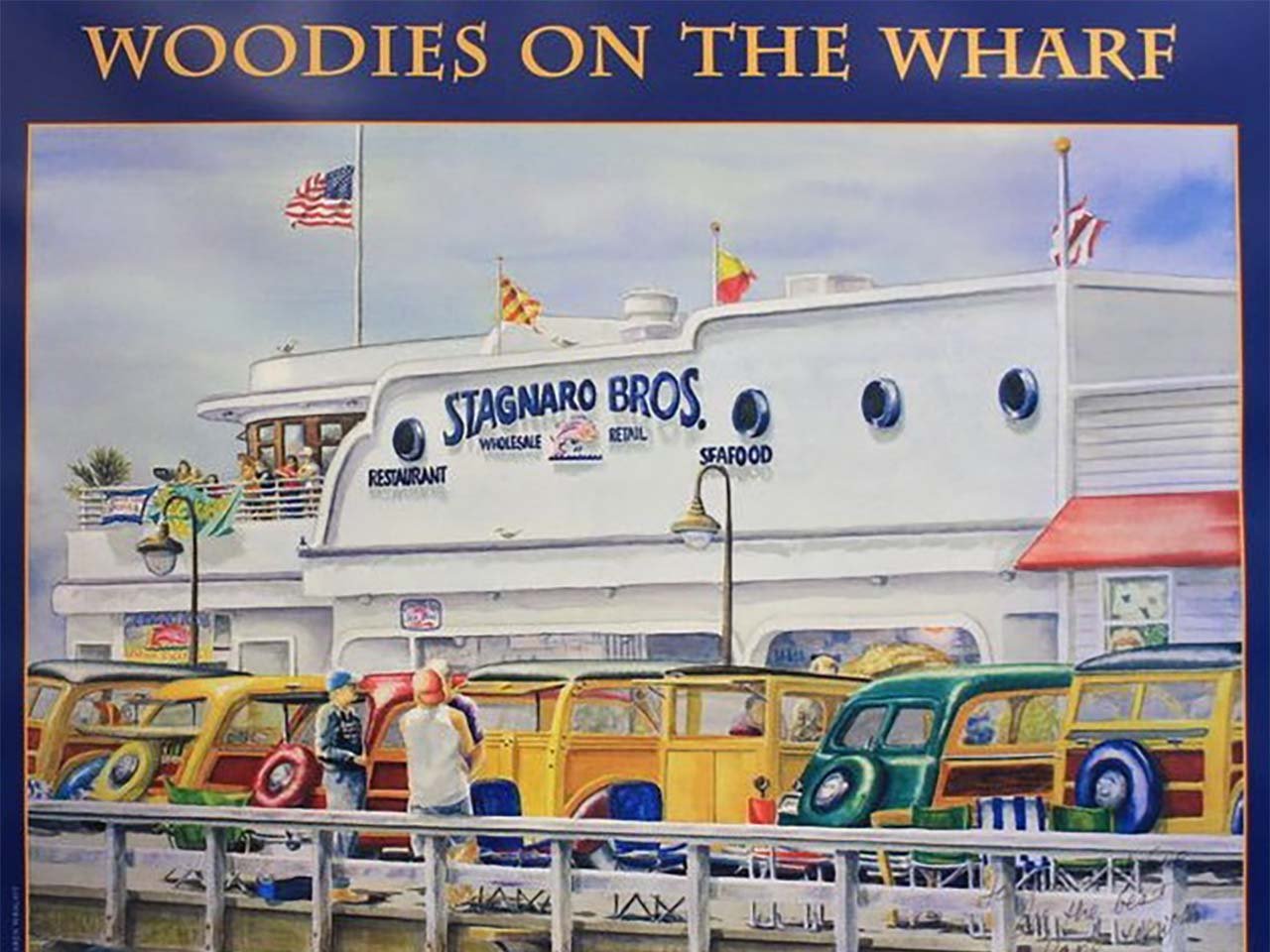 Artist drawing of woodies in front of Stagneros on the wharf.