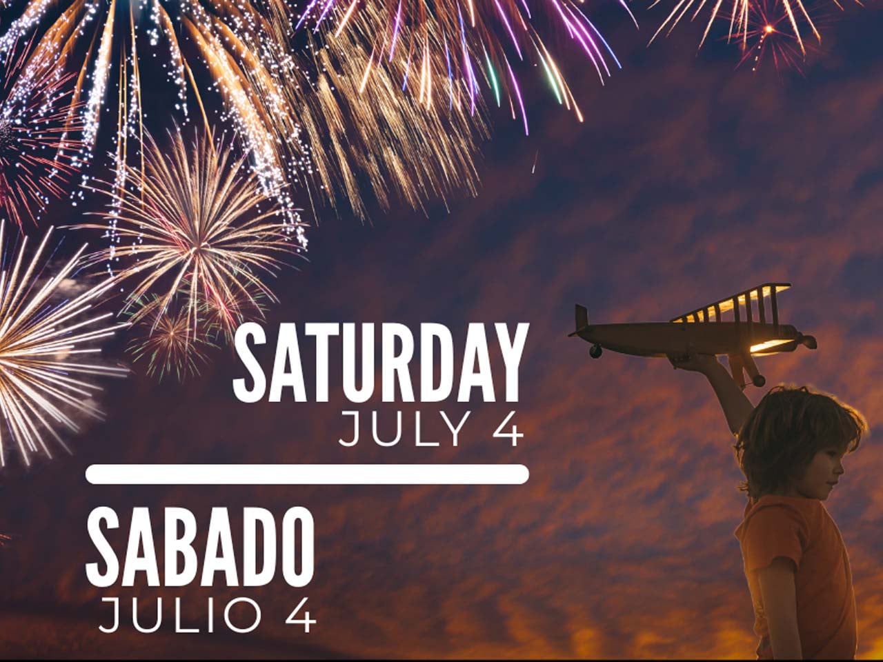 A kid playing with a model airplane and fireworks going off in the sky behind.