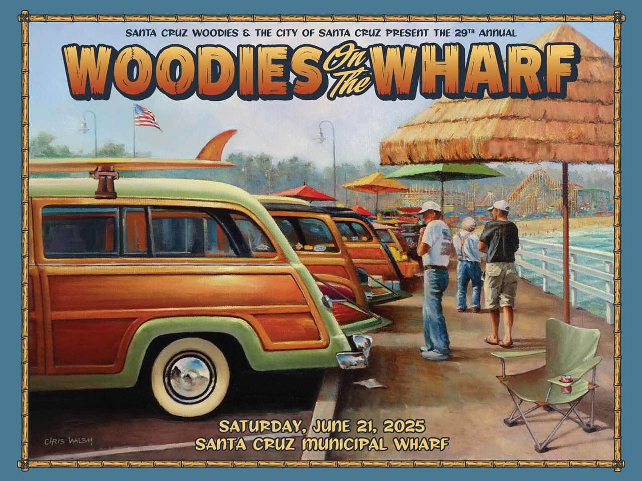 Art Poster of folks on the wharf looking at Woodie style cars.