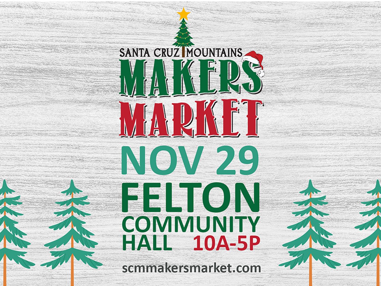 evergreen images against a wood background