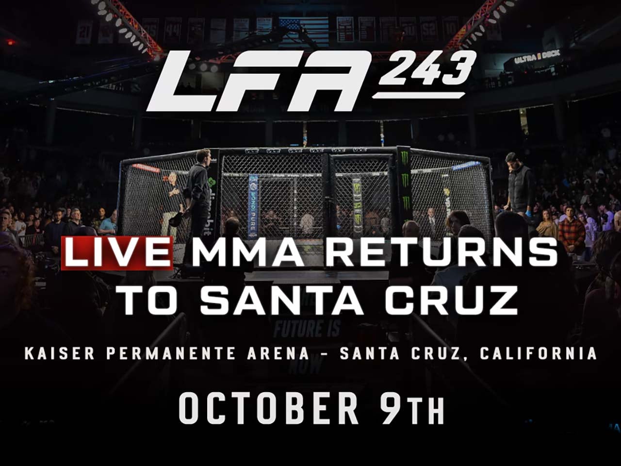 Fighting cage with writing that is within the event written over the image