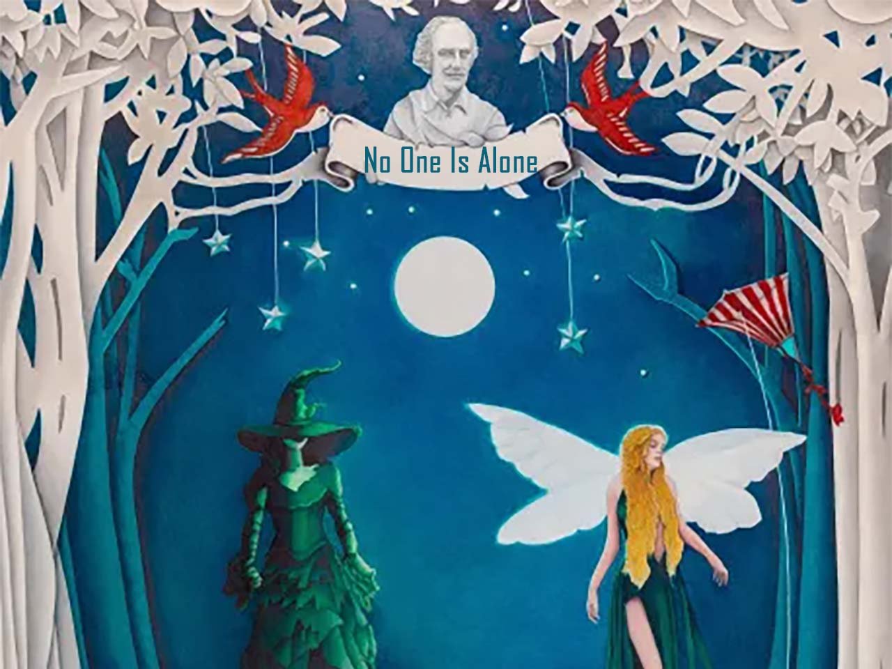 Paper cutout art of various play characters looking alone together with Shakespeare holding a sign above them reading "No one is alone".