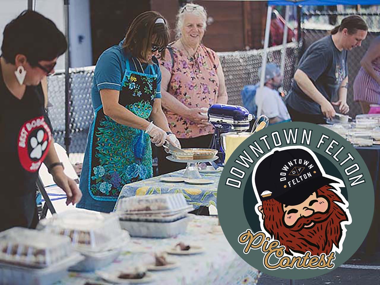 Bakers setting out their pies with a sasquatch pie contest logo in the corner.