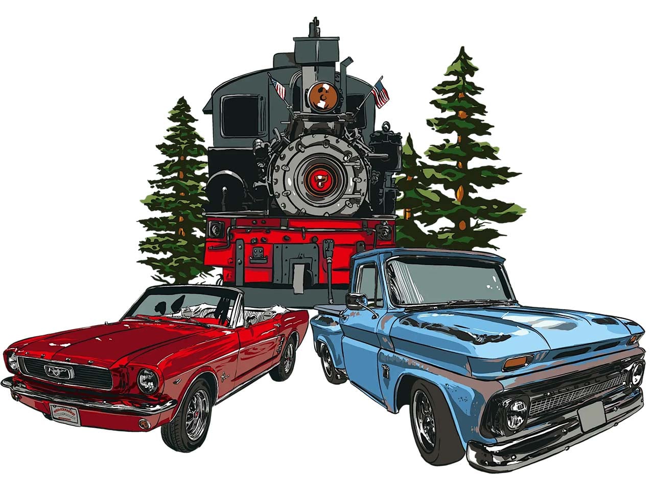 Cartoon image of classic cars with a steam engine behind them, and flanked by redwood trees