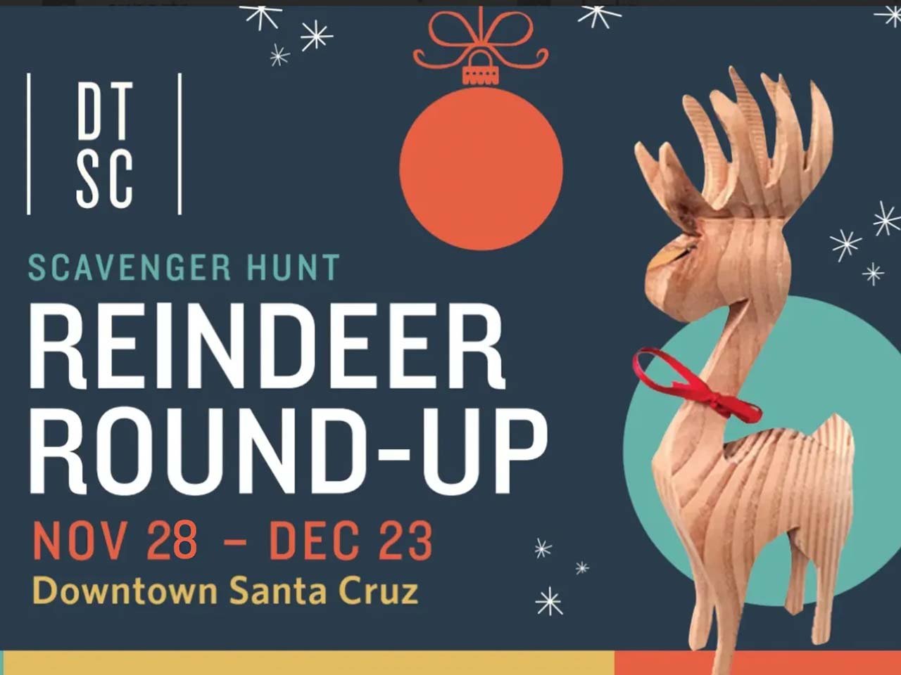 Wooden Reindeer figure in front of Christmas globes