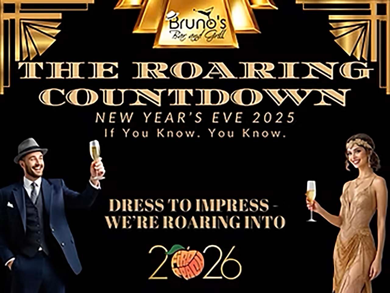 Bruno's bar and grill poster flanked by roaring 20s man and woman with champaigne
