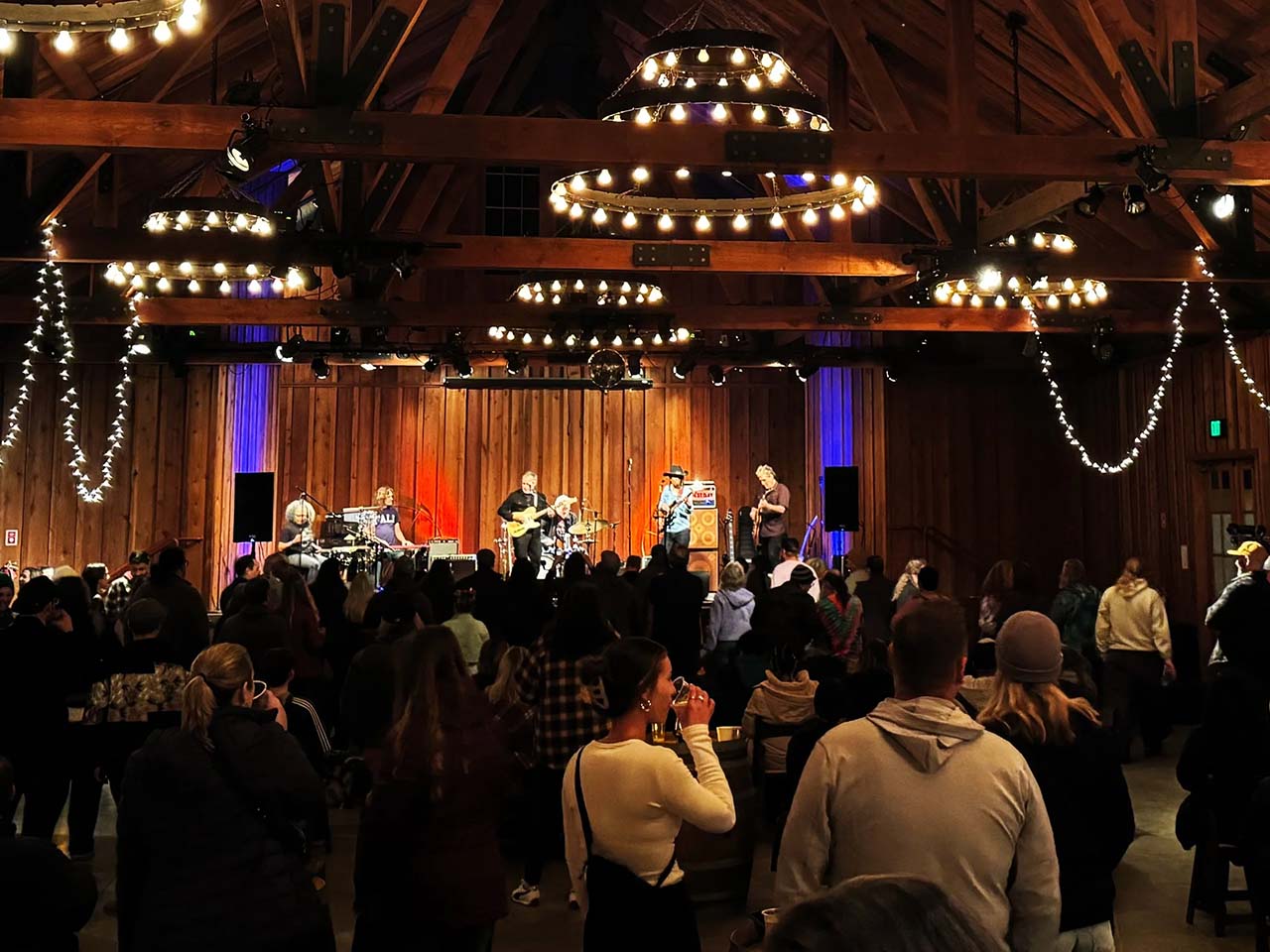 Crowds enjoying refreshments and vendors while a live band performs on a stage. Decorations of light hang from the cieling.