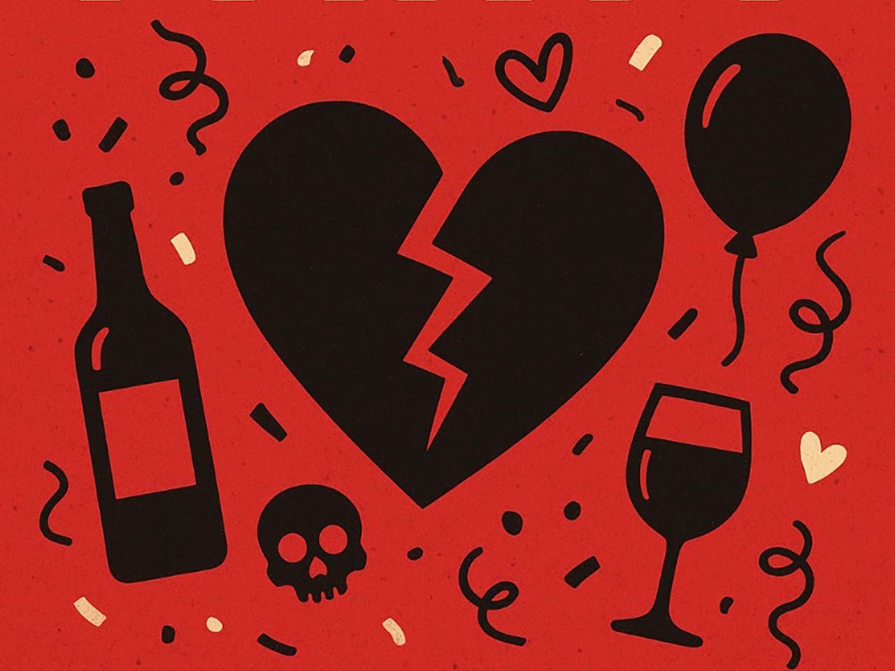 Clip art of broken hearts, skulls, and wine glasses among party confetti