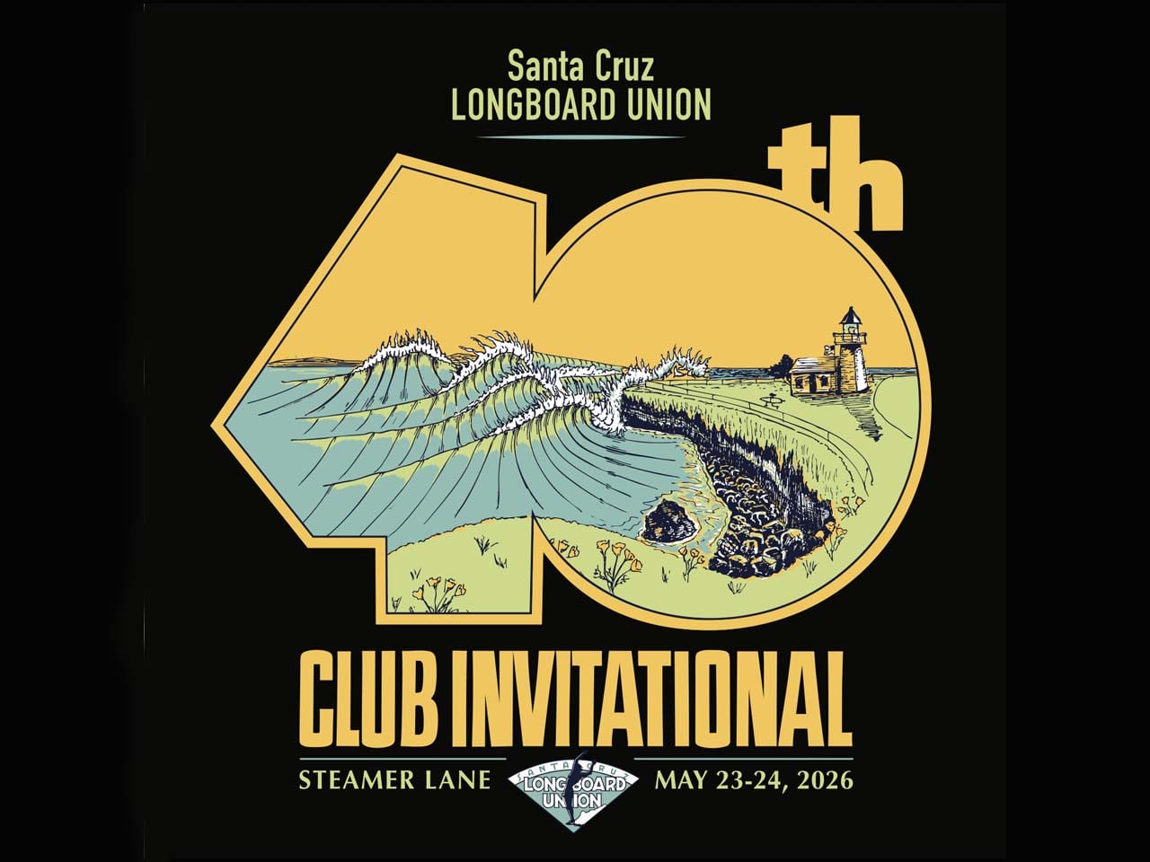 The number 40 on a black background with a cartoon image of steamer lane and surfing waves inside it.