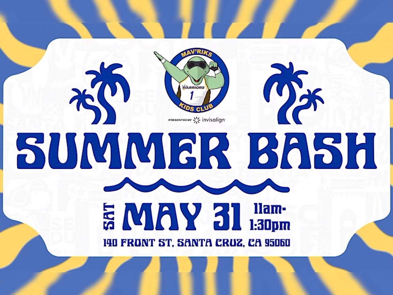 Cartoon image of turtle with writing saying Summer Bash, Sat. May 31. 11am-1:30pm. 140 Front Street Santa Cruz.