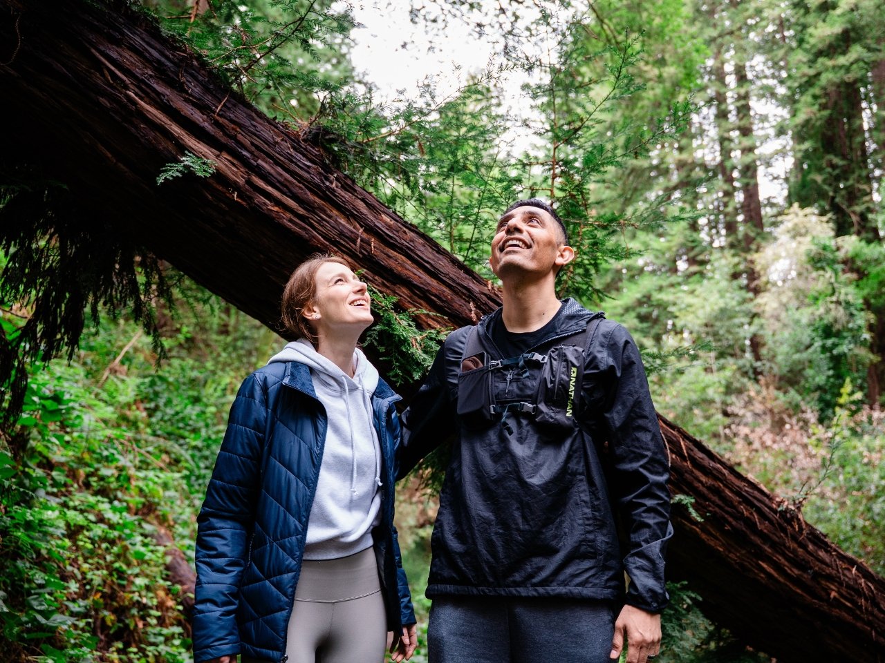 Couple looking up in a forest