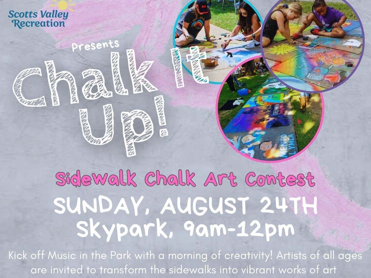 Images of kids drawing on the sidewalk with chalk.