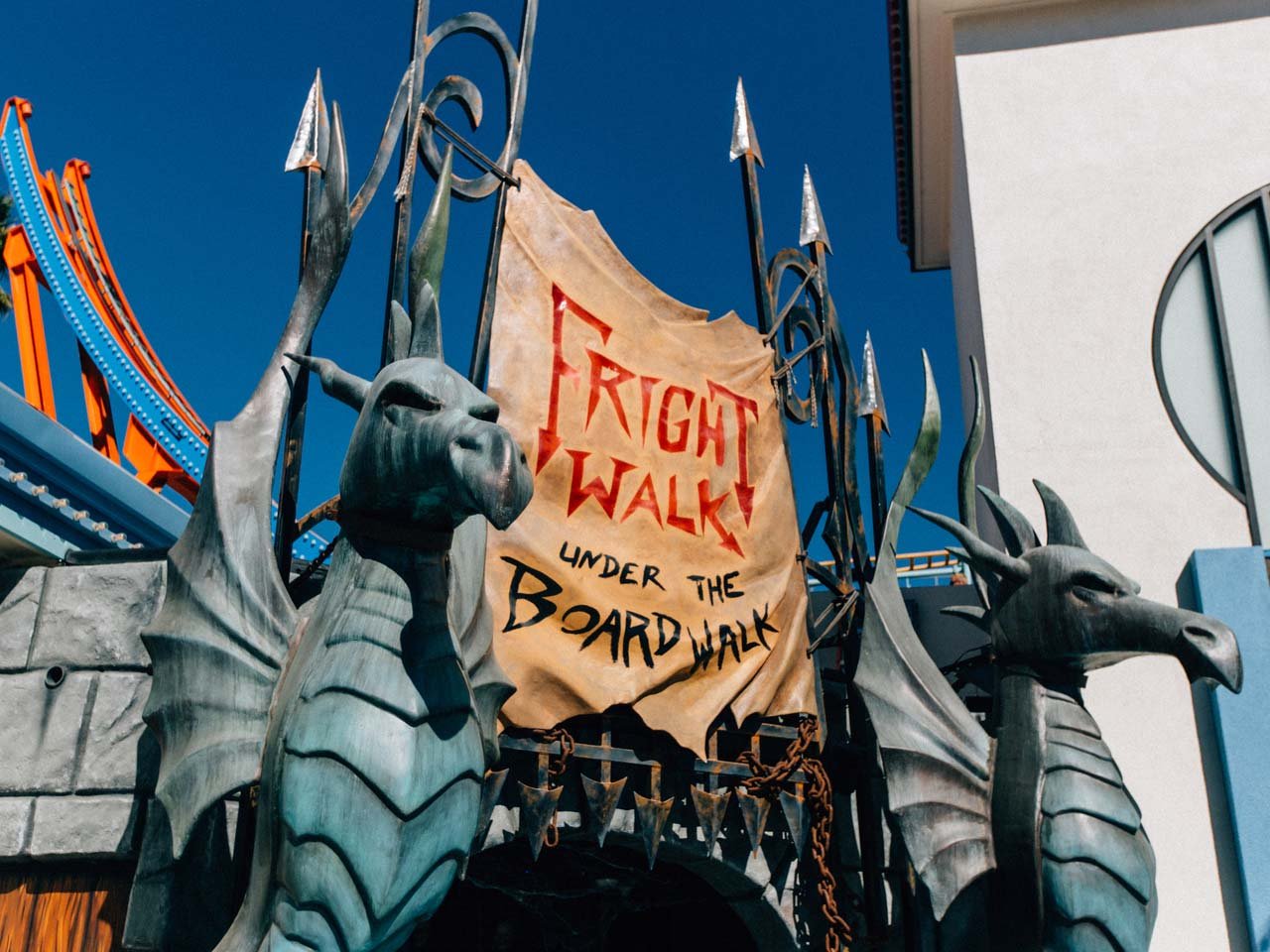 Image to the entrance to the walk through fright walk attraction at the boardwalk