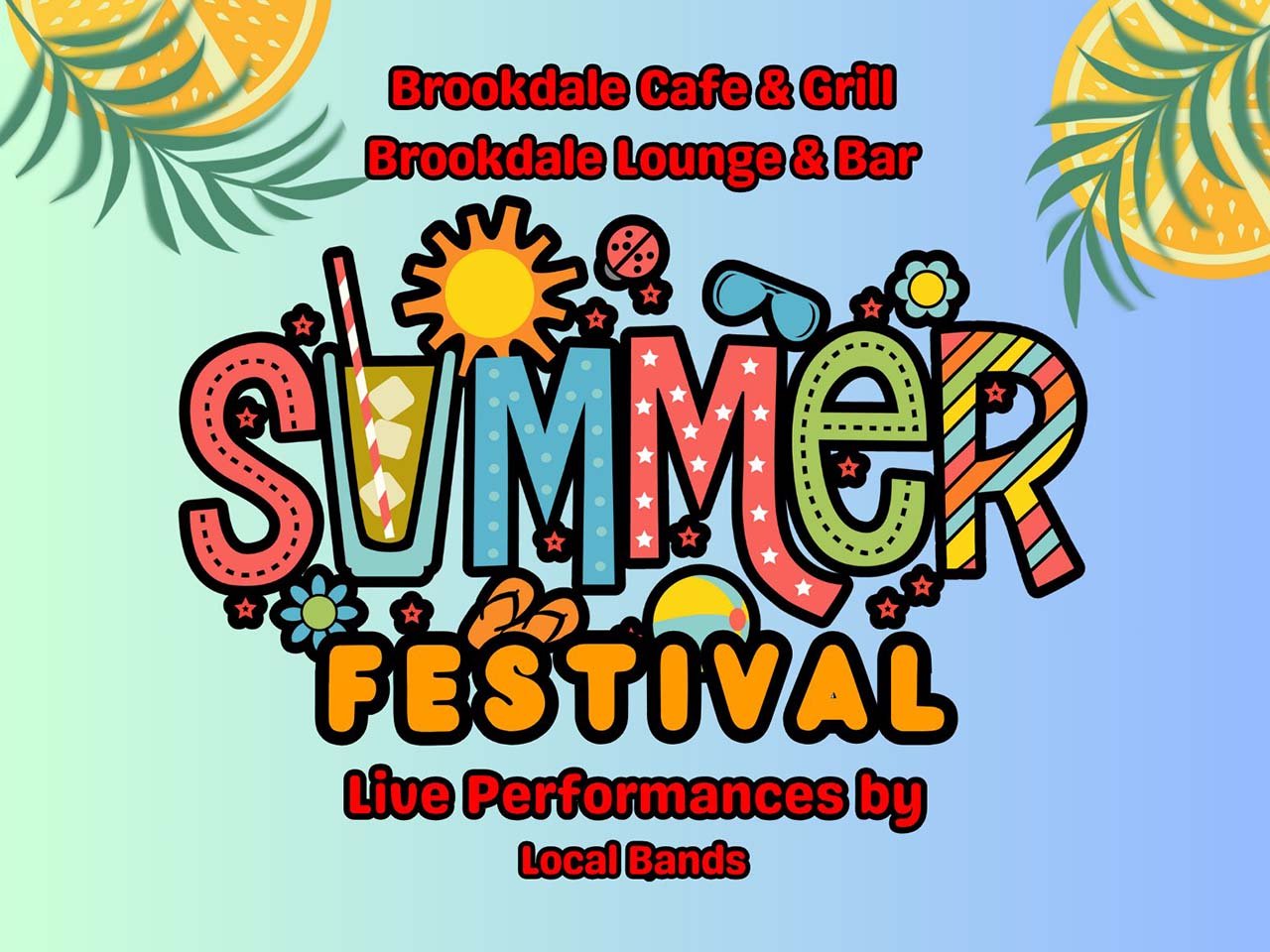 Cartoon images of summer around the words, "Summer Festival".