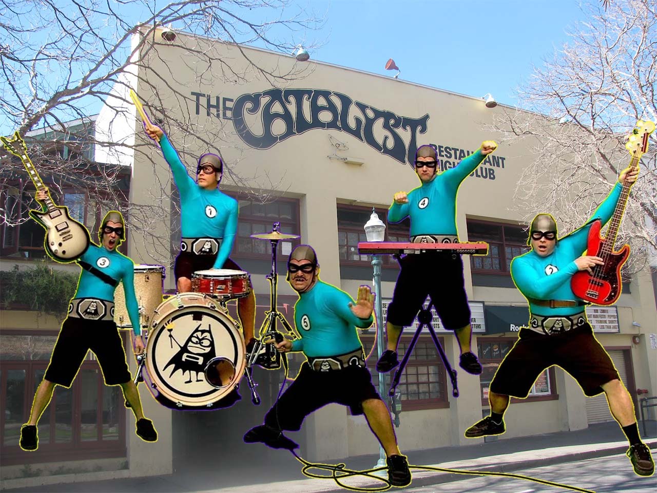 A cutout image of the Aquabats in front of the Catalyst venue.