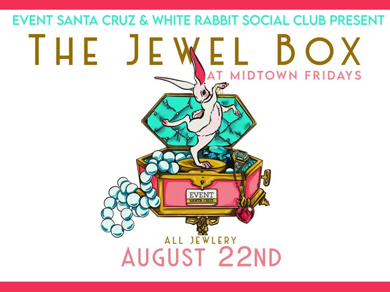 A drawing of a white rabbit dancing in an overflowing jewelry box