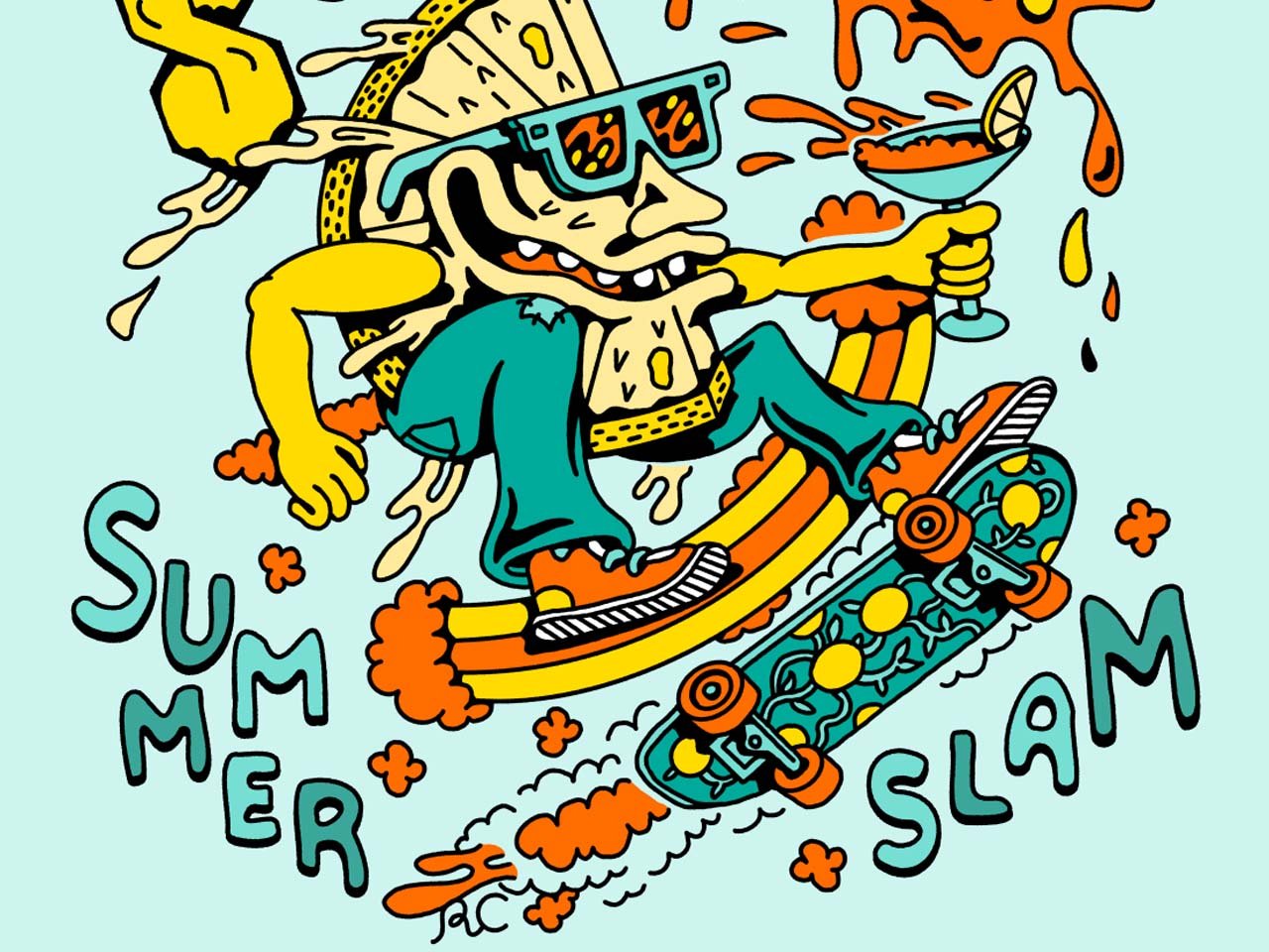 A drawing of a lemon doing skateboard tricks
