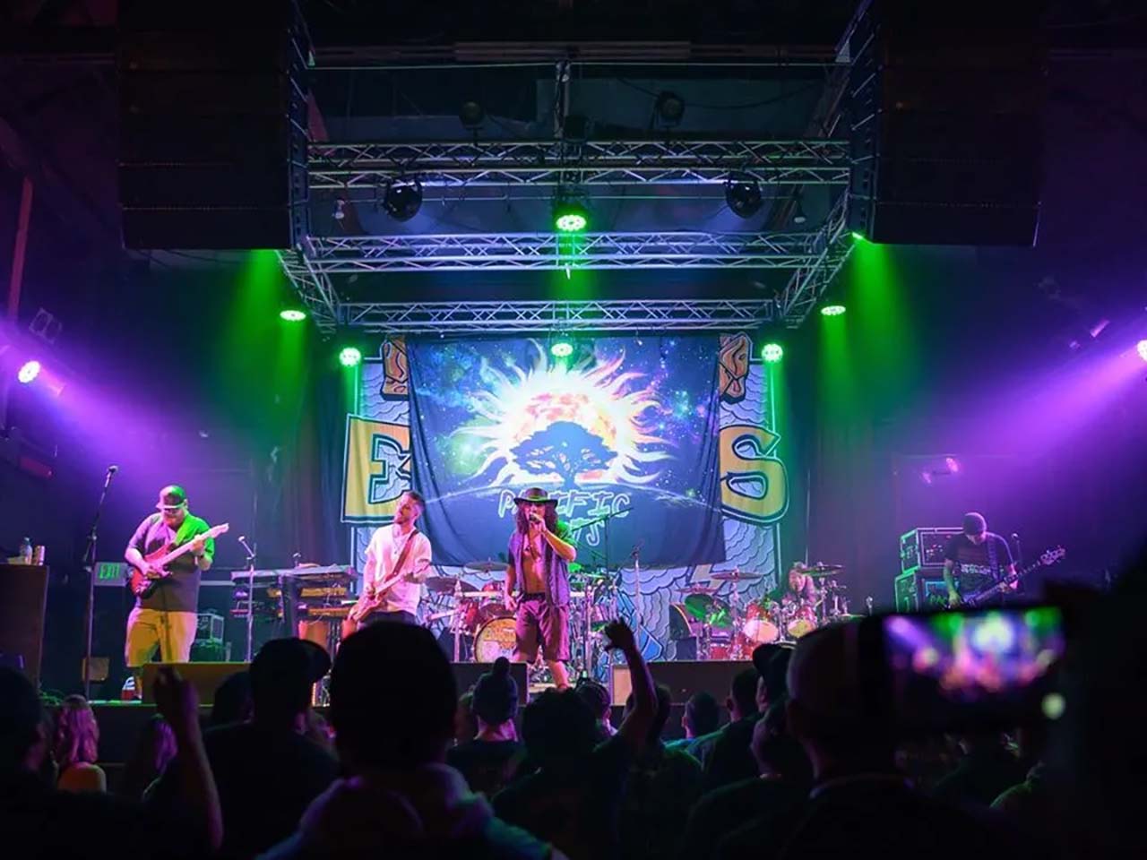 Pacific Roots band lit up on a stage with audience cheering