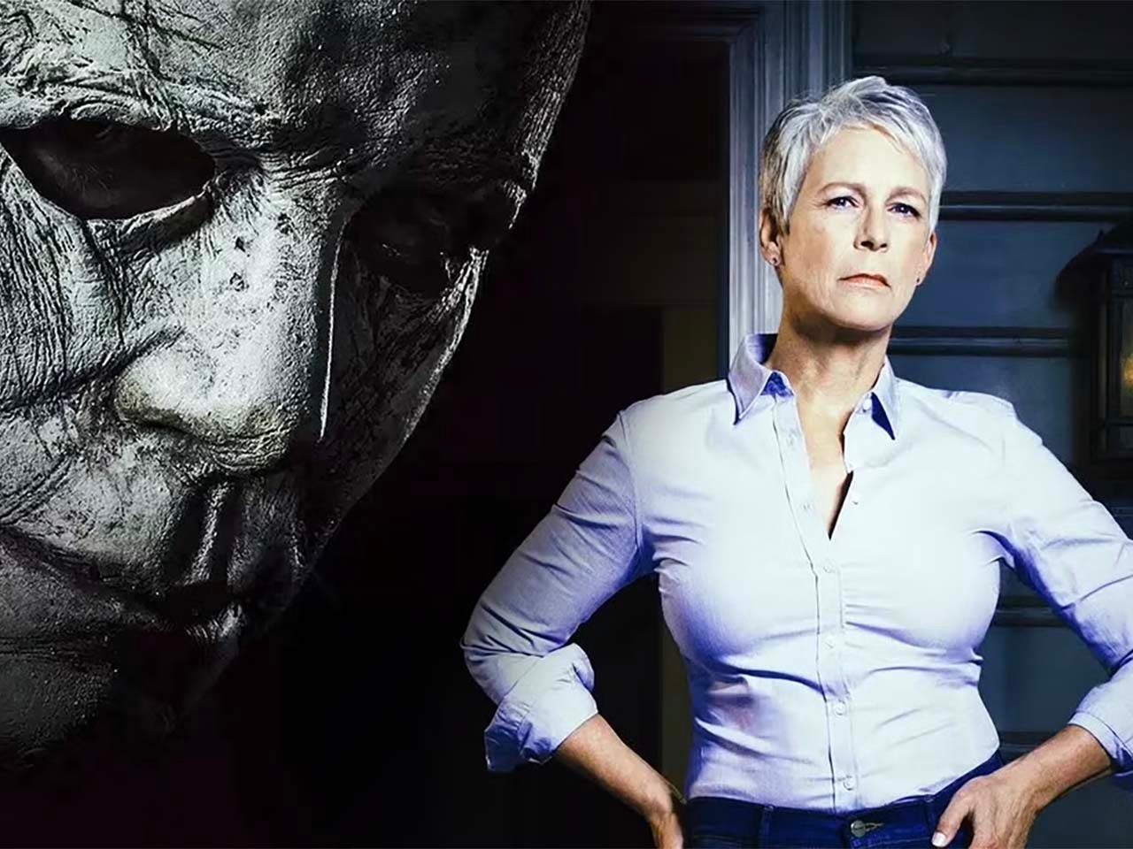 Older woman with hands on hips with an aged mask looking over her shoulder