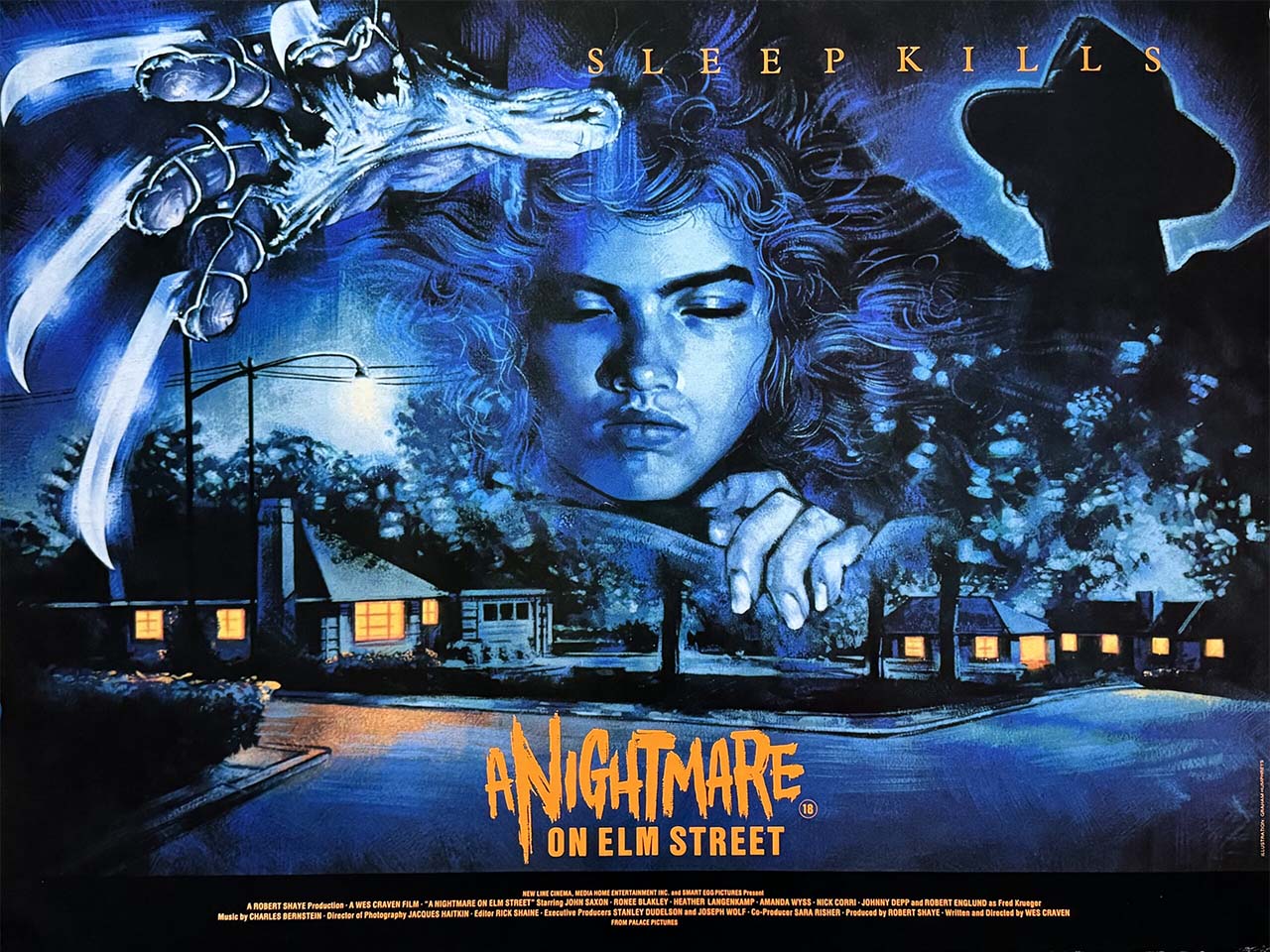 Poster for Nightmare on Elm Street movie showing a sleeping girl, a hand of knives, and a suburban street