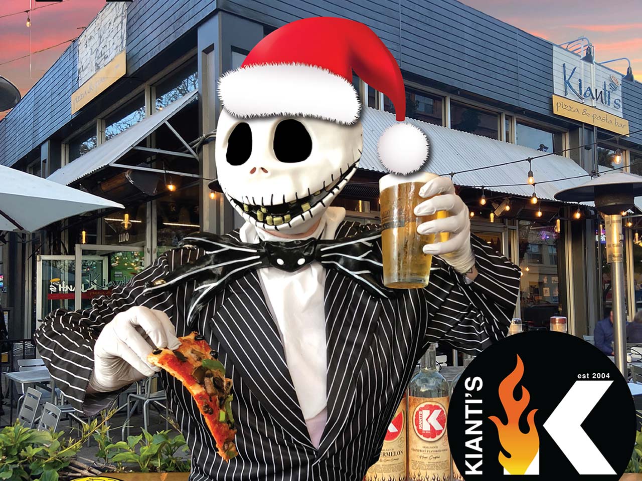 Jack Skellington enjoying a pizza and beer while wearing a santa hat