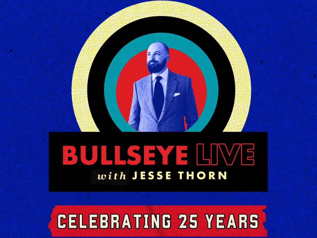 Bullseye podcast logo with 25th Anniversary flag
