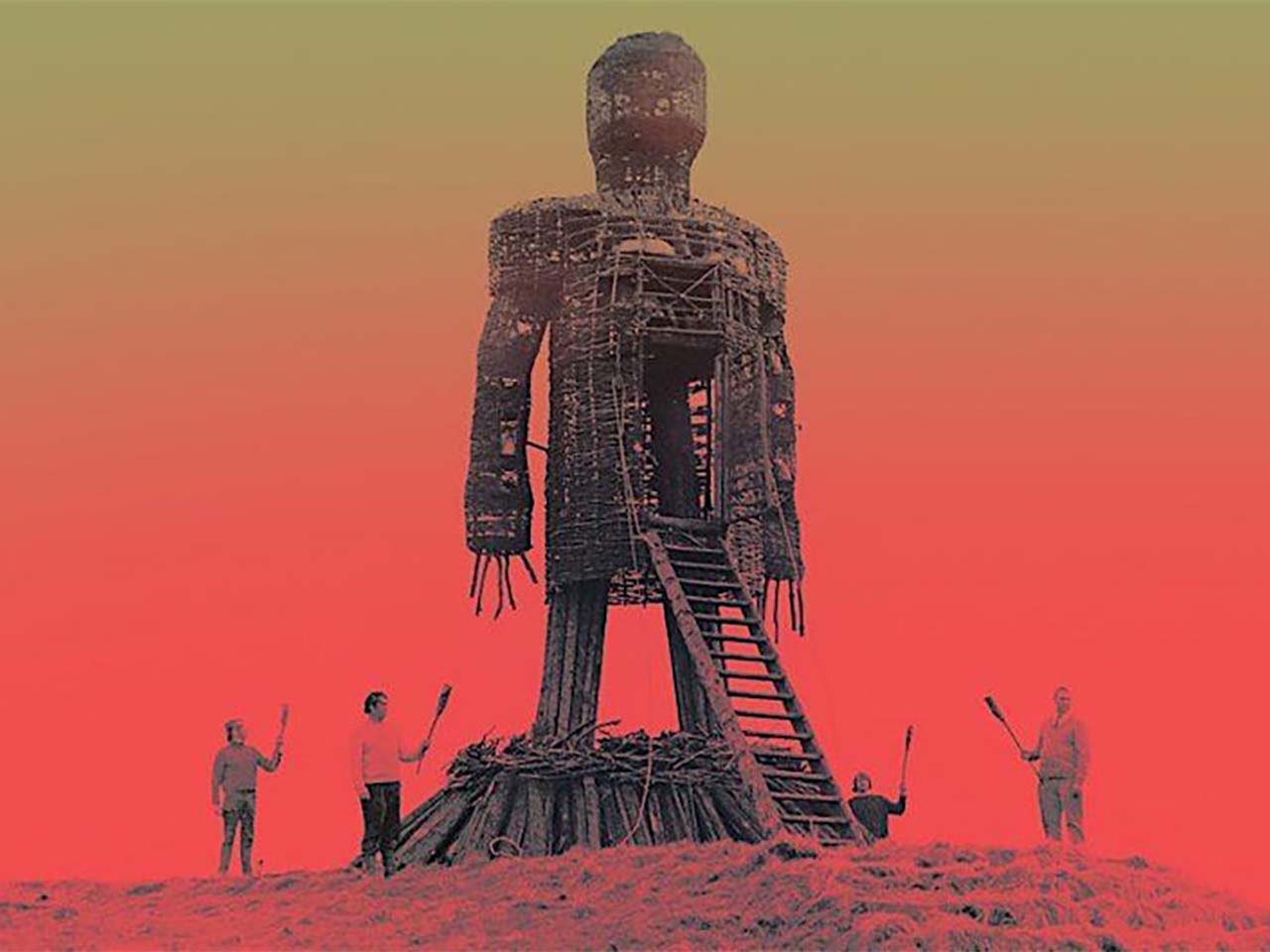 A large wicker man being constructed by Wiccans in the movie