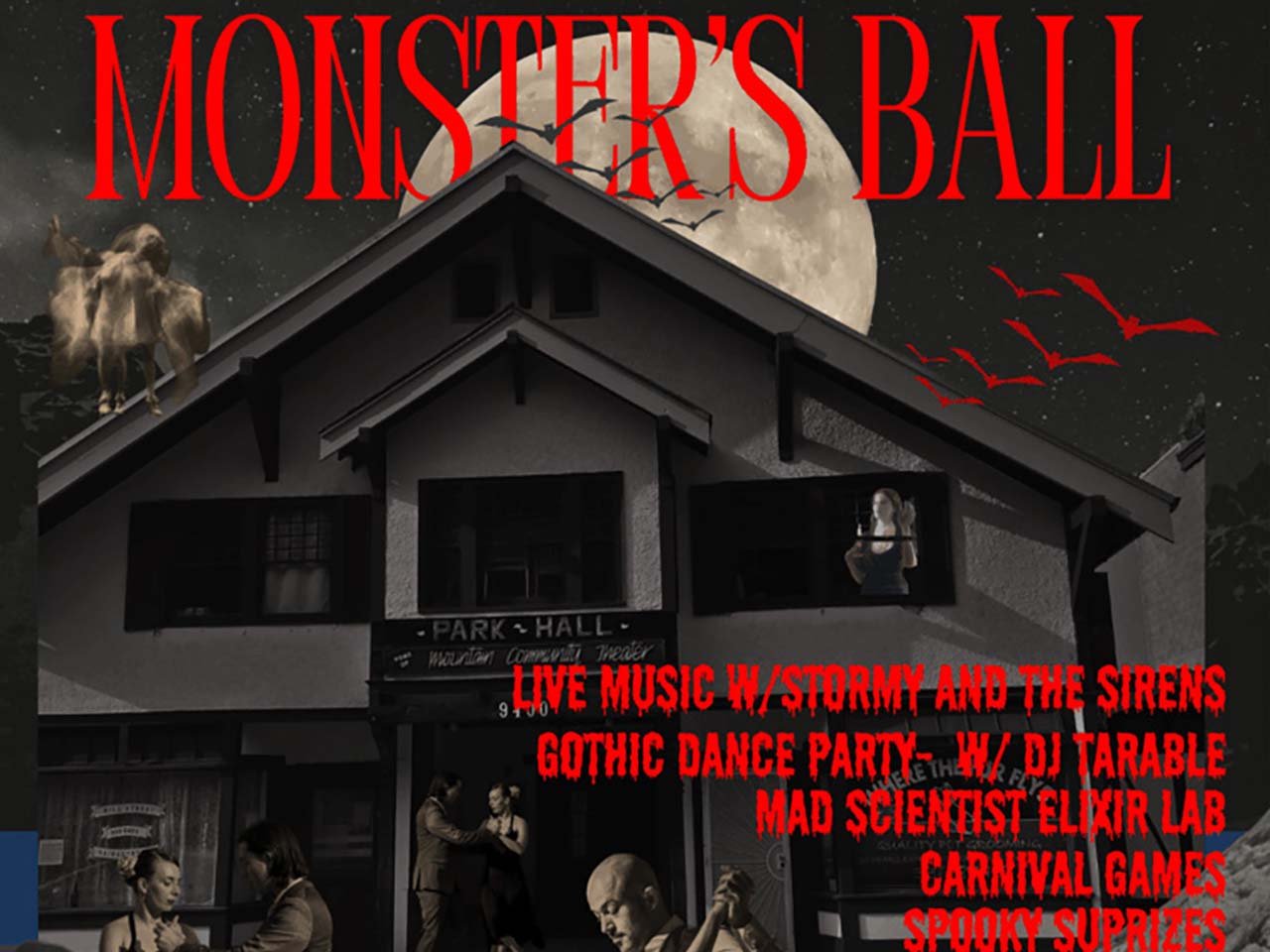 Park Hall exterior in black and white with a full moon and monsters drawn throughout
