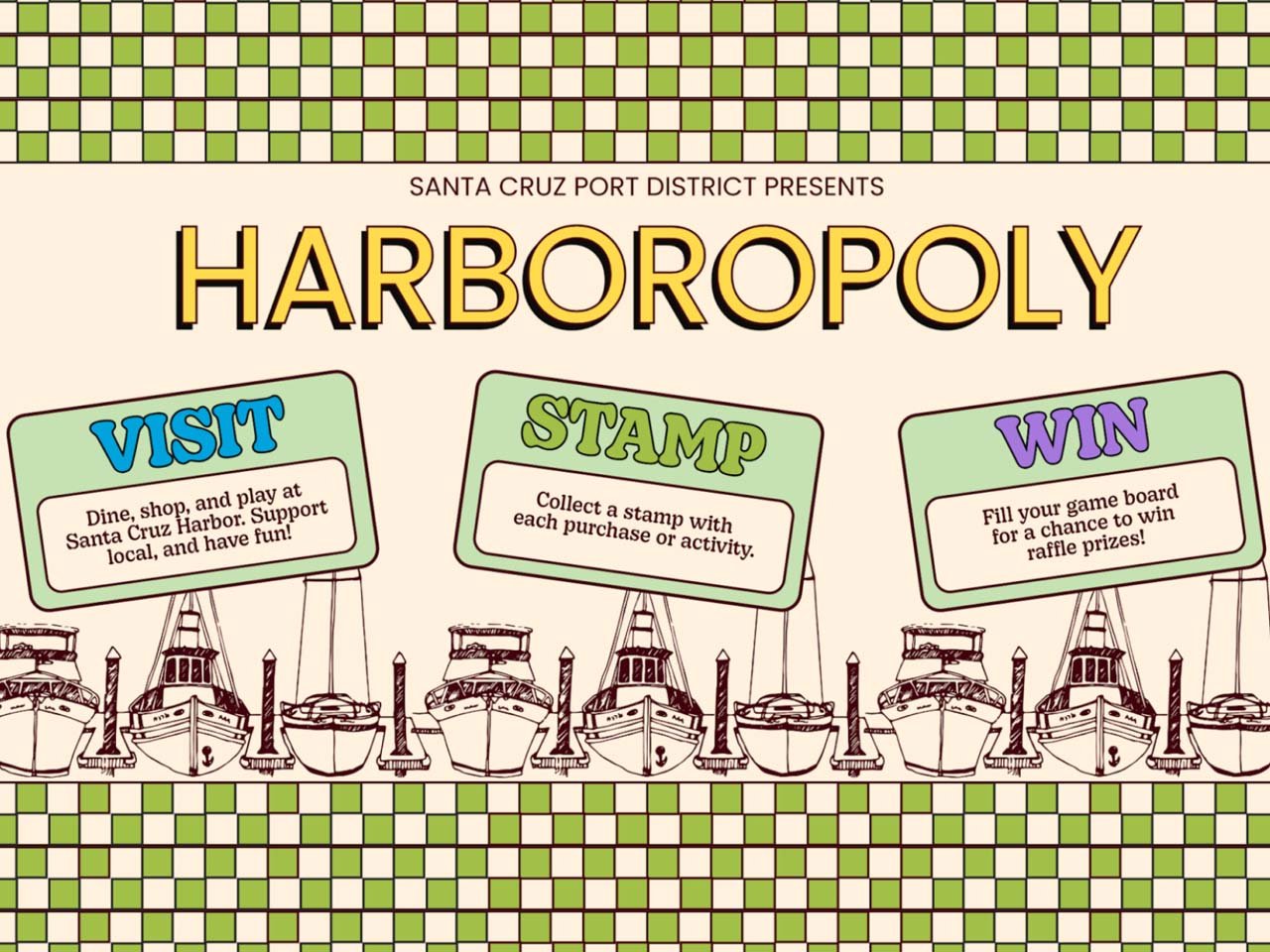 Harbor drawing with a checkerboard border