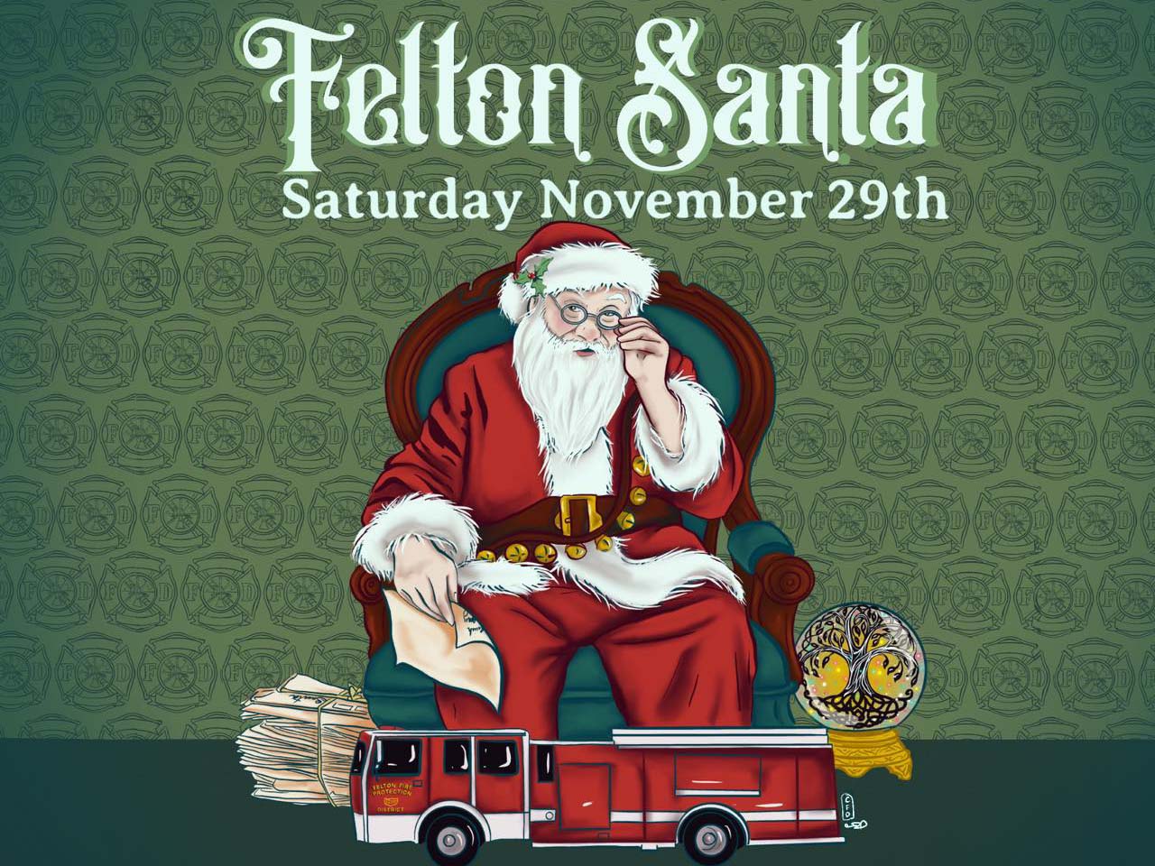 A cartoon Santa Claus sitting on a chair with a toy fire engine at his feet