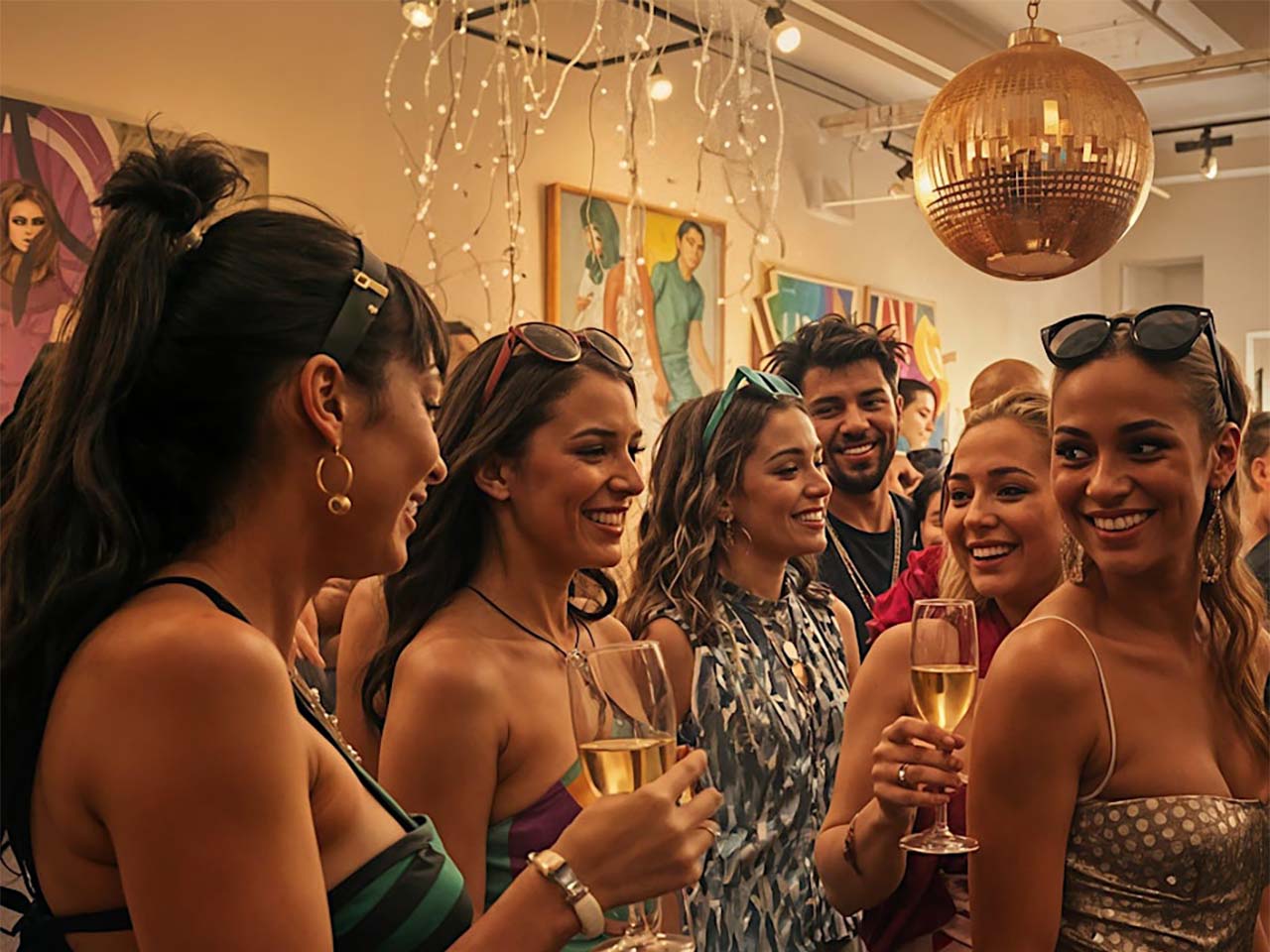 Young people enjoying champagne with art and lights all around them