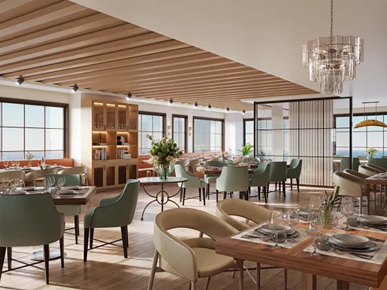 A rendered image of a restaurant overlooking the ocean