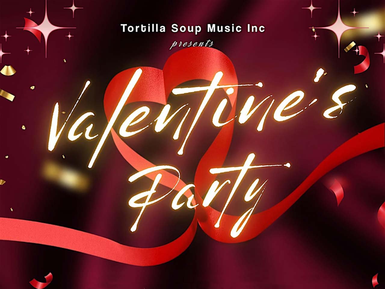 A red ribbon in the shape of a heart with valentine's party written over it