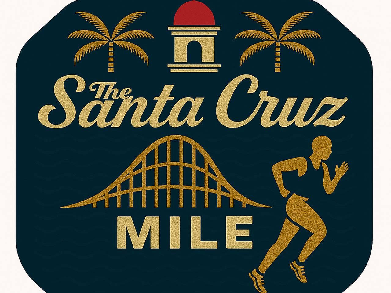 Logo of a runner with palm trees, a bell tower and palm trees