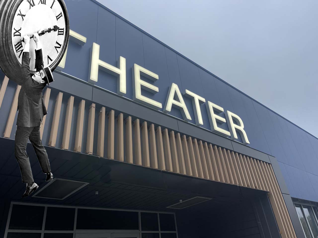 A cutout of Harold Lloyd hanging from a clock from the Safety Last film attached to a modern day image of the theater at The Landing.
