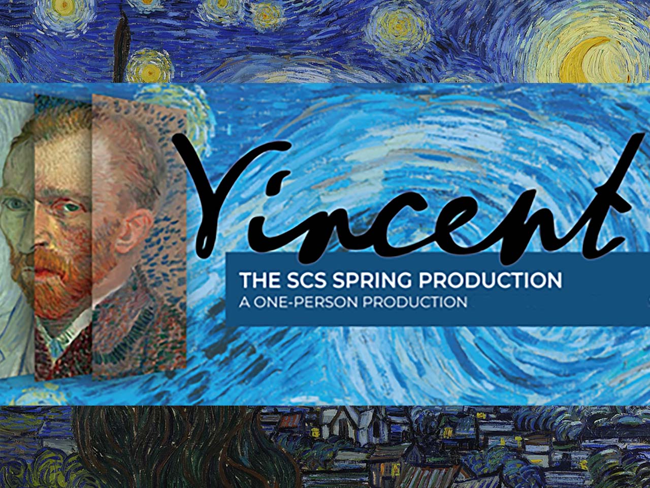 One man play title against images of the stary night painted by Vincent Van Gough
