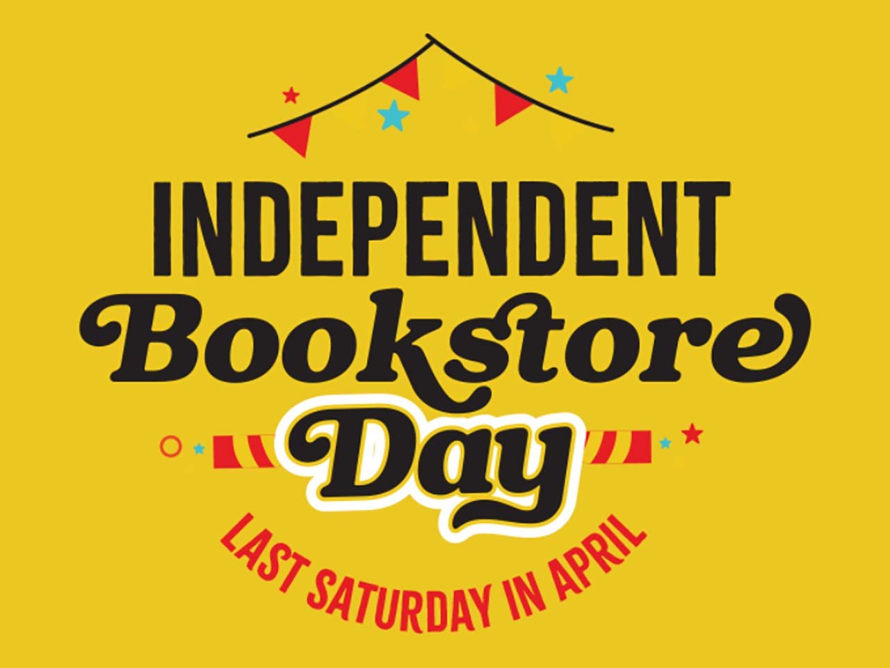 National Independent Bookstore Day logo on a yellow background