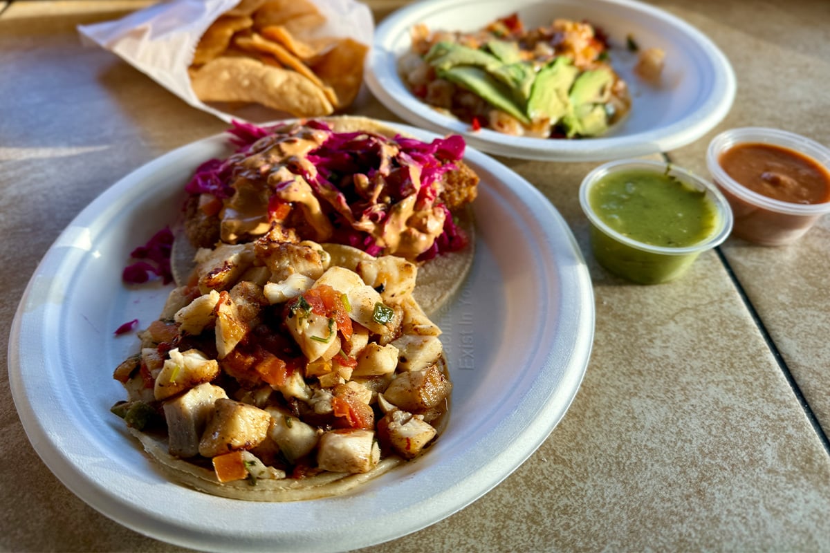 A plate of fish tacos at Los Pericos. Photographed by Monica Multer